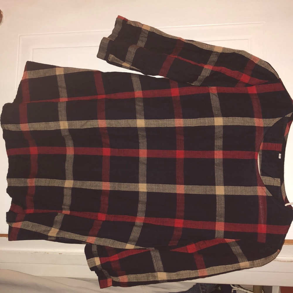 Navy blue with red and tan top